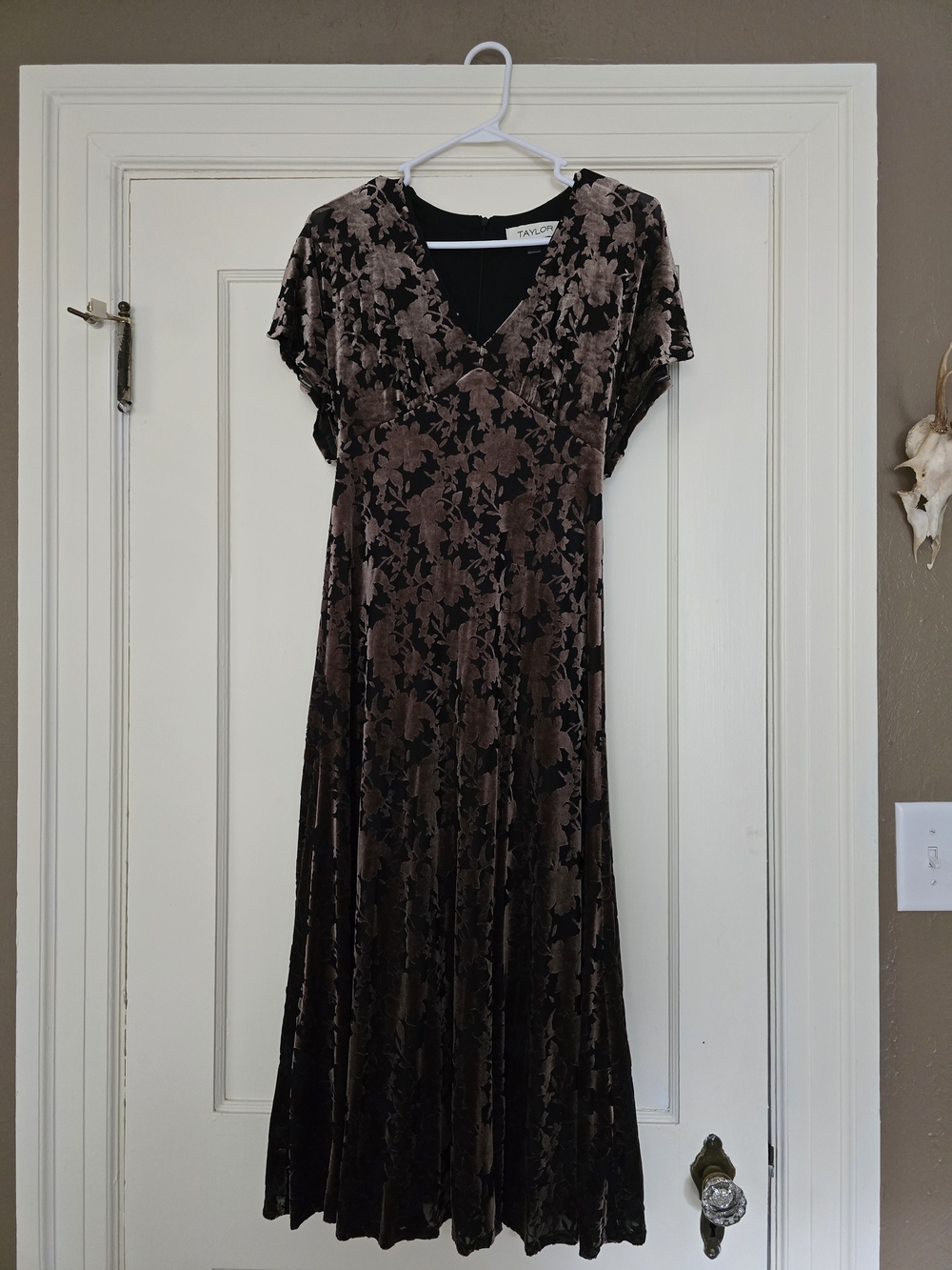 Taylor Brown Floral Velvet Maxi Dress with V-Neck